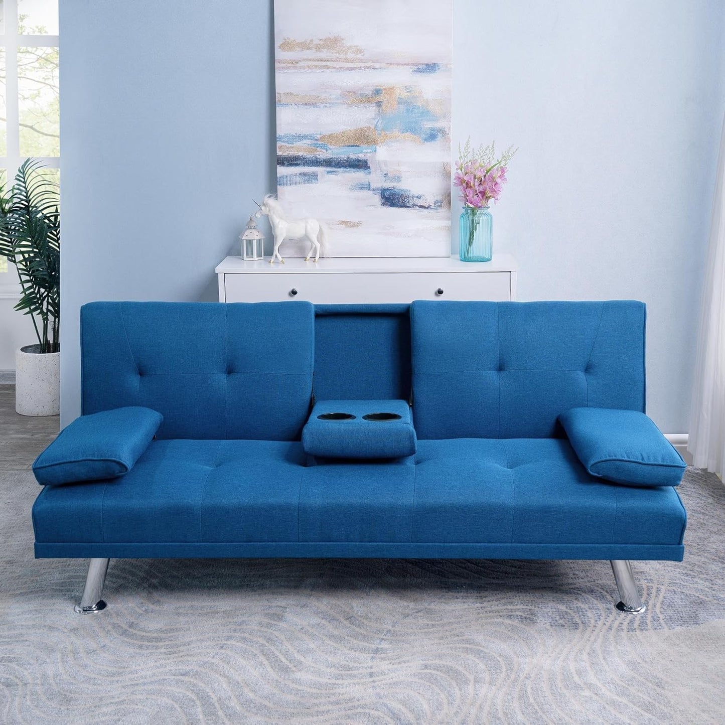 Naomi Home Blue Futon Sofa Bed, Linen Futon Couch with Armrest and 2 Cupholders, Pull Out Sofa Bed Couch with Metal Legs, Reclining Small Couch Bed, Blue Couches for Living Room