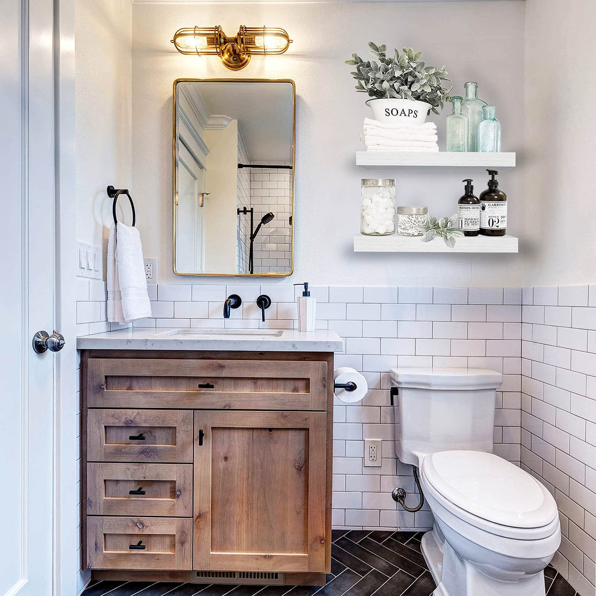 QEEIG Bathroom Floating Shelves for Wall - 15.7" Wall Mounted Shelf Over Toilet Farmhouse Home Decor Display Bookshelf Small 15.7 x 6.7 inch Set of 2, White (008-40W) QEEIG