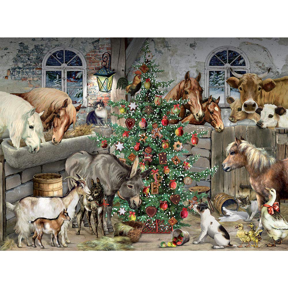 Bits and Pieces – 500 Piece Jigsaw Puzzle for Adults – Christmas in The Barn - Glitter Animal Holiday Winter Tree Horse Cow Jigsaw Puzzle by Artist Barbara Behr, Completed Puzzle Size: 18" x 24" Bits and Pieces