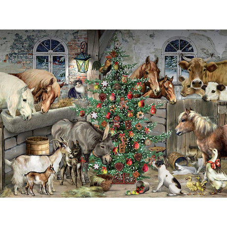 Bits and Pieces – 500 Piece Jigsaw Puzzle for Adults – Christmas in The Barn - Glitter Animal Holiday Winter Tree Horse Cow Jigsaw Puzzle by Artist Barbara Behr, Completed Puzzle Size: 18" x 24" Bits and Pieces