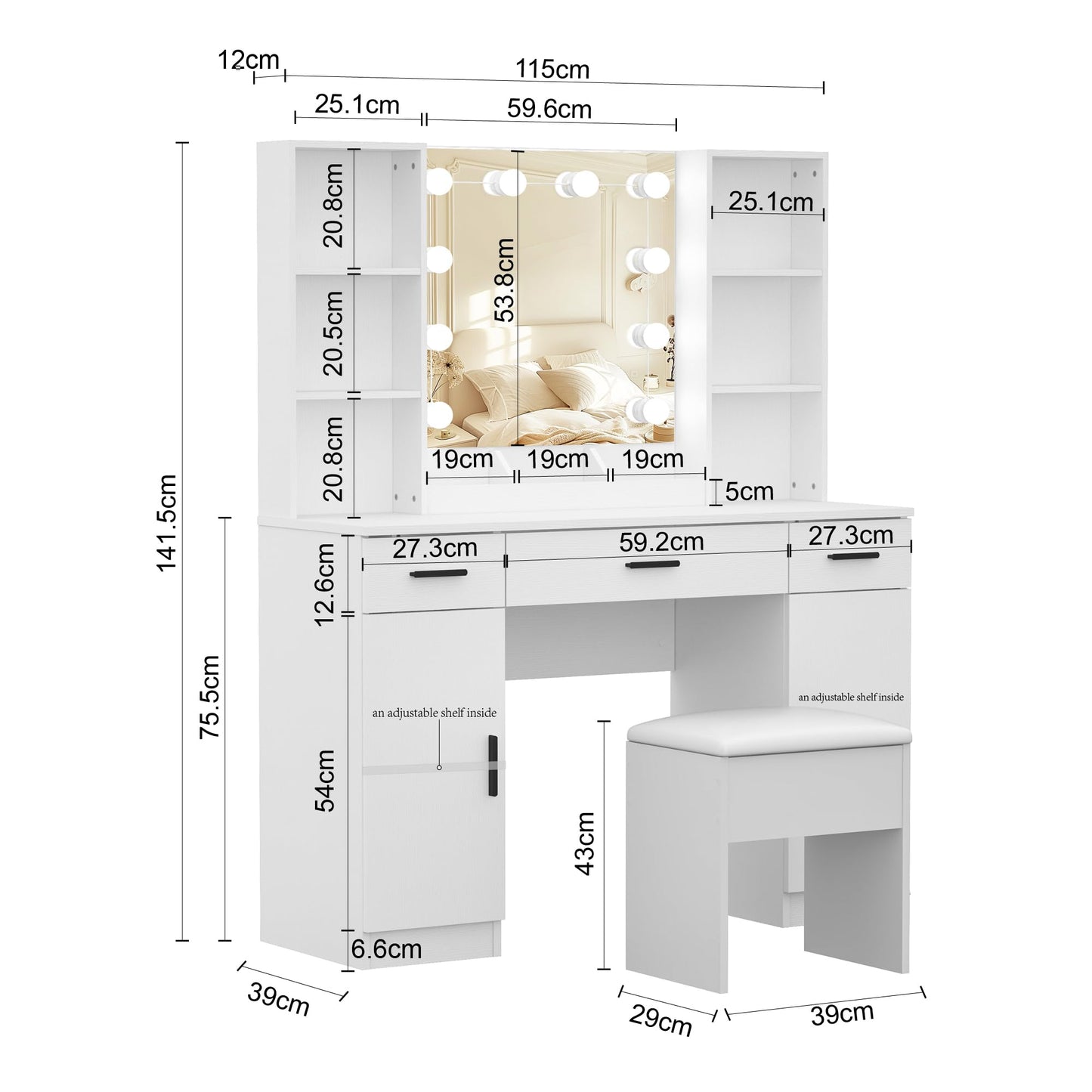 Vanity Desk, Makeup Table with Lights Vanity Set with 3 Drawers, 1 Cabinet & 6 Shelves 3 Lighting Modes Brightness Adjustable Dressing Table with Cushioned Stool for Bedroom, Dressing Room (White)
