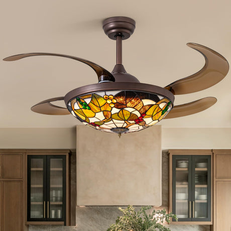 CROSSIO 48" Tiffany Ceiling Fan with Light Colorful Fandelier Vintage Chandelier Fan 48 Inch Stained Glass Ceiling Fan Retractable Blades Vintage Fandelier with Tiffany Light for Bedroom Living Room CROSSIO