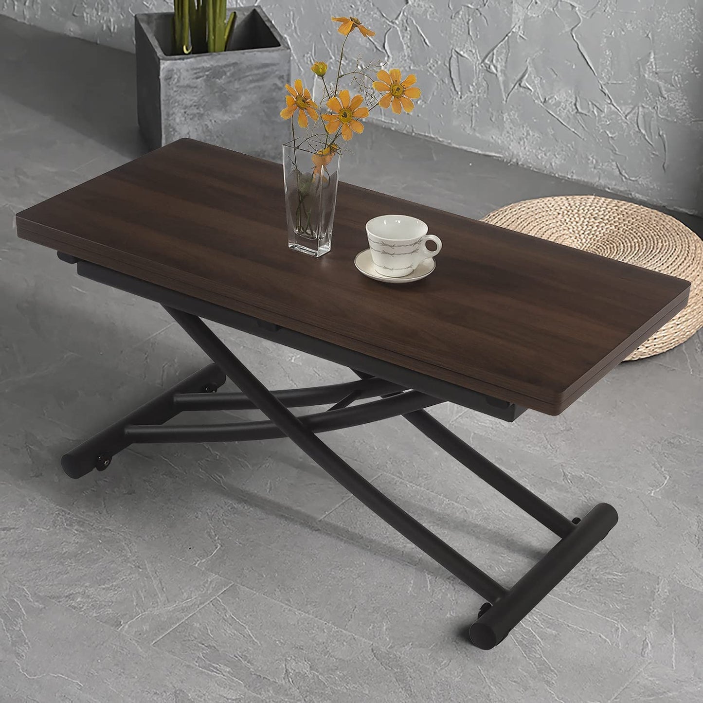 MYSELFLY Living Room Dinning Tables Folding Metal Lift Bracket Multifunction Transform Dinner Kitchen Coffee Tea End Table in Home Wood Desktop Design 40x35 Walnut - WoodArtSupply