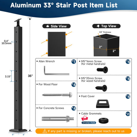 Gyykzz 36" Aluminum Cable Railing Stair Post Perfect for Coastal Projects, 33° Drilled Stair Wire Deck Post for 28-38 Degrees Stair, Black Coating Stair Post for Cable Railing System Outdoor Seaside Gyykzz