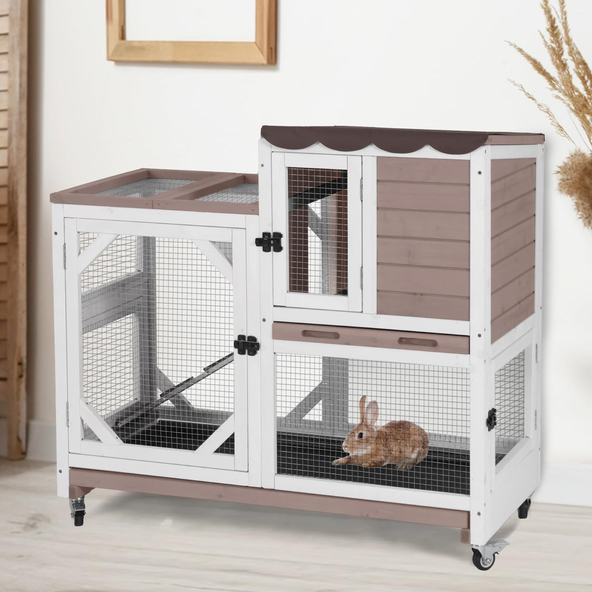 Aivituvin Rabbit Cage Indoor Outdoor Bunny Hutch on Wheels, 2 Story Wood Guinea Pig Cages with 2 Deeper Pull Out Trays Aivituvin