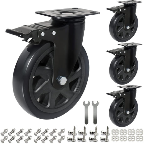 6 Inch Caster Wheels 3000lbs,Heavy Duty Casters Set of 4 with Brake, No Noise Polyurethane Swivel Caster Wheels for Cart,Furniture,Workbench(Free Screws & Spanners) Wieyunn