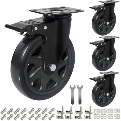 6 Inch Caster Wheels 3000lbs,Heavy Duty Casters Set of 4 with Brake, No Noise Polyurethane Swivel Caster Wheels for Cart,Furniture,Workbench(Free Screws & Spanners)