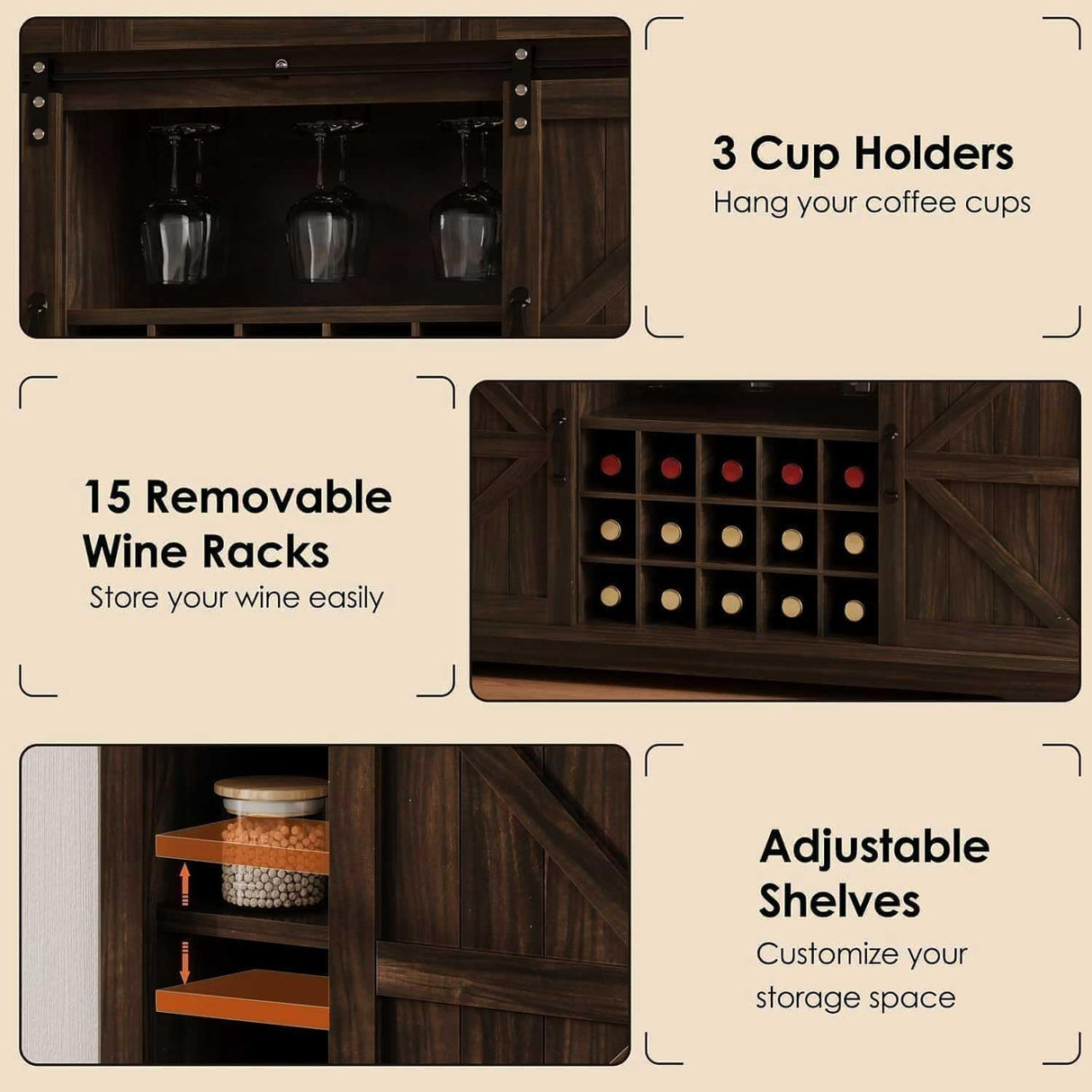 4ever2buy Farmhouse Coffee Bar Cabinet with Sliding Barn Door, Wine Bar Cabinet with Storage, 54 Inch Coffee Bar with 3 Drawers & 15 Racks, Buffet Cabinet for Living Dining Room, Kitchen, Dark Oak 4ever2buy
