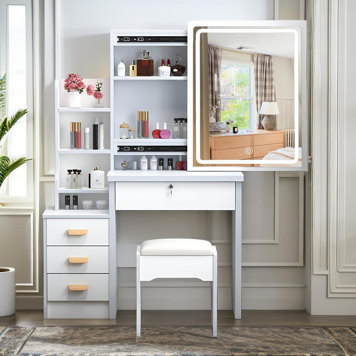 Leavader Vanity Desk Set with Lighted Mirror and Stool, Makeup Table with Sliding Led Lighted Mirror in 3 Colors, Makeup Desk with 4 Drawers & Shelves & Cushion Stool, Suitable for Home Apartment Leavader