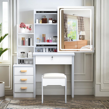 Makeup Vanity Desk with Mirror and Lights, White Vanity Table Set with 4 Drawers & Sliding Mirror & Storage Shelves, 3 Lighting Modes Brightness Adjustable, Vanity Dressing Table and Stool Montary