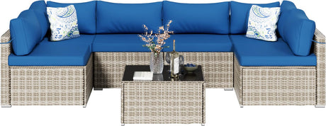 RESOM 7-Piece Gray Rattan Patio Furniture Sets, Outdoor Conversation Sofa Sets with Water Resistant Blue Cushions & Tempered Glass Coffee Table, Modular Outdoor Sectional Sofa Sets with 2 Pillows RESOM