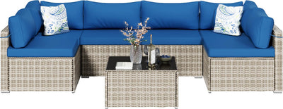 RESOM 7-Piece Gray Rattan Patio Furniture Sets, Outdoor Conversation Sofa Sets with Water Resistant Blue Cushions & Tempered Glass Coffee Table, Modular Outdoor Sectional Sofa Sets with 2 Pillows