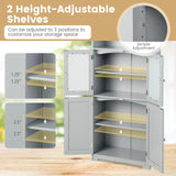 COSTWAY 64” Grey Freestanding Bathroom Storage Cabinet with Glass Doors and Adjustable Shelves COSTWAY