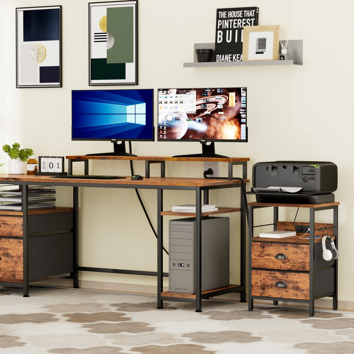 Furologee End Table with Charging Station, Nightstand with Fabric Drawers, Side Table with USB Ports & Outlets, Night Stand with Storage Shelf & Hooks, for Living Room/Bedroom, Rustic Brown Furologee