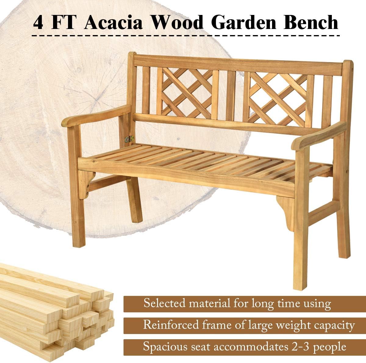 SPORFIT Rustic Garden Bench, Foldable Outdoor Bench with High Back & Armrest, 4 FT Acacia Wood Bench, 2-Person Loveseat Chair for Front Porch, Patio, Backyard & Park, Light Teak Finish SPORFIT