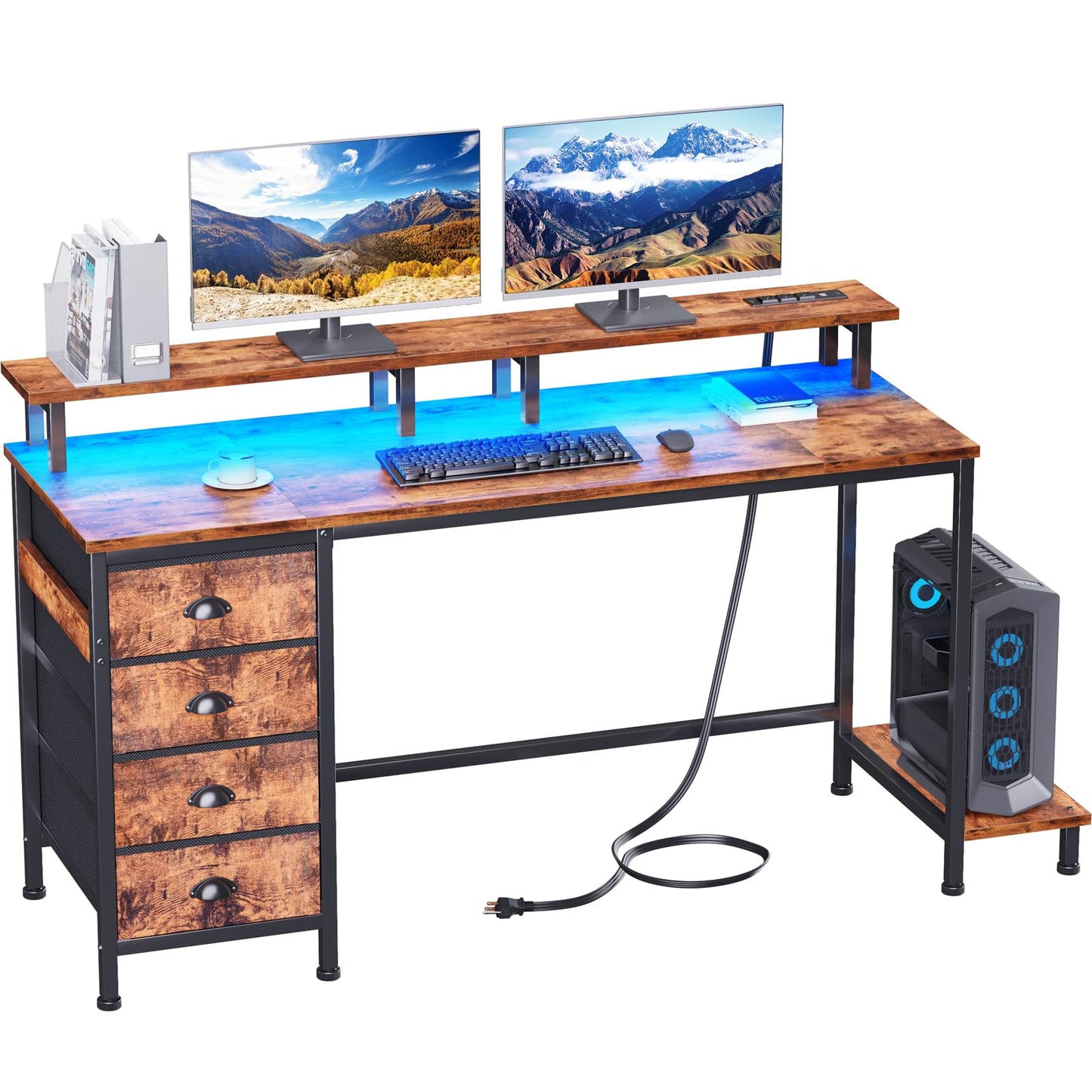 Furologee 55in Computer Desk with 4 Drawers, LED Gaming Desk with Power Outlets, Office Desk with Full Monitor Stand and Storage Shelf, Study Work Desk for Home Office Bedroom, Rustic Brown - WoodArtSupply