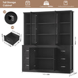 HIFIT 74.4'' Tall Kitchen Pantry Storage Cabinet, 63'' Wide Large Kitchen Hutch, Farmhouse Pantry Cabinet, Bookcases and Bookshelves with 6 Drawers & 4 Doors, Black Glass China Hutch for Living Room HIFIT