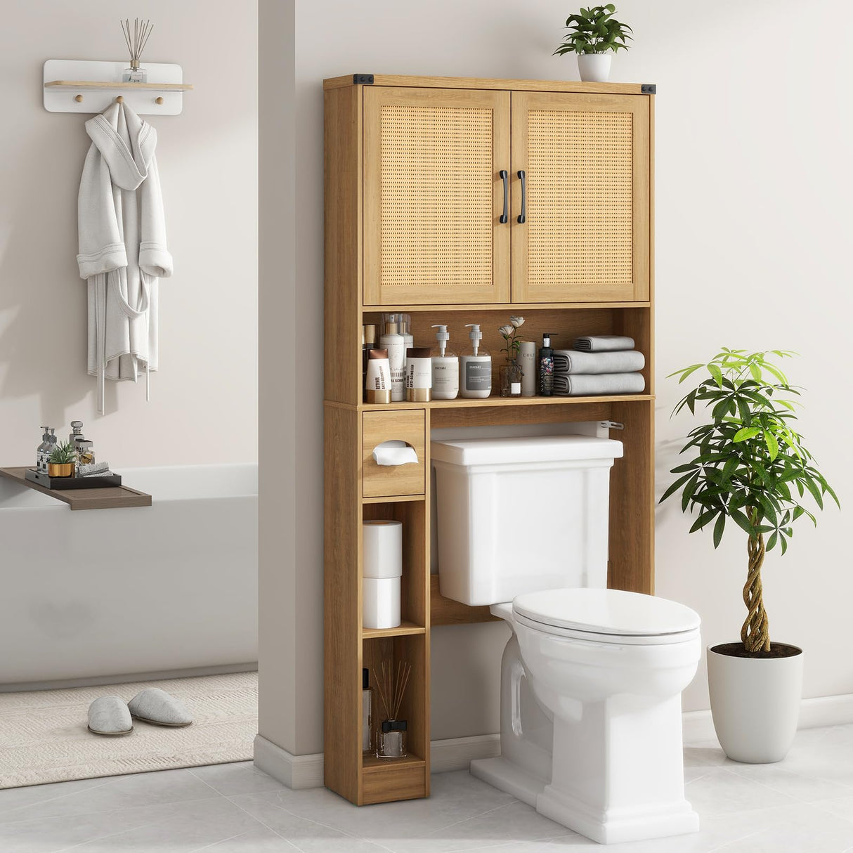 Over The Toilet Storage Cabinet, Farmhouse Rattan Storage Cabinet Over Toilet with 2 Rattan Barn Doors & Home Space-Saving Toilet Rack, for Bathroom, Restroom, Laundry Vabches