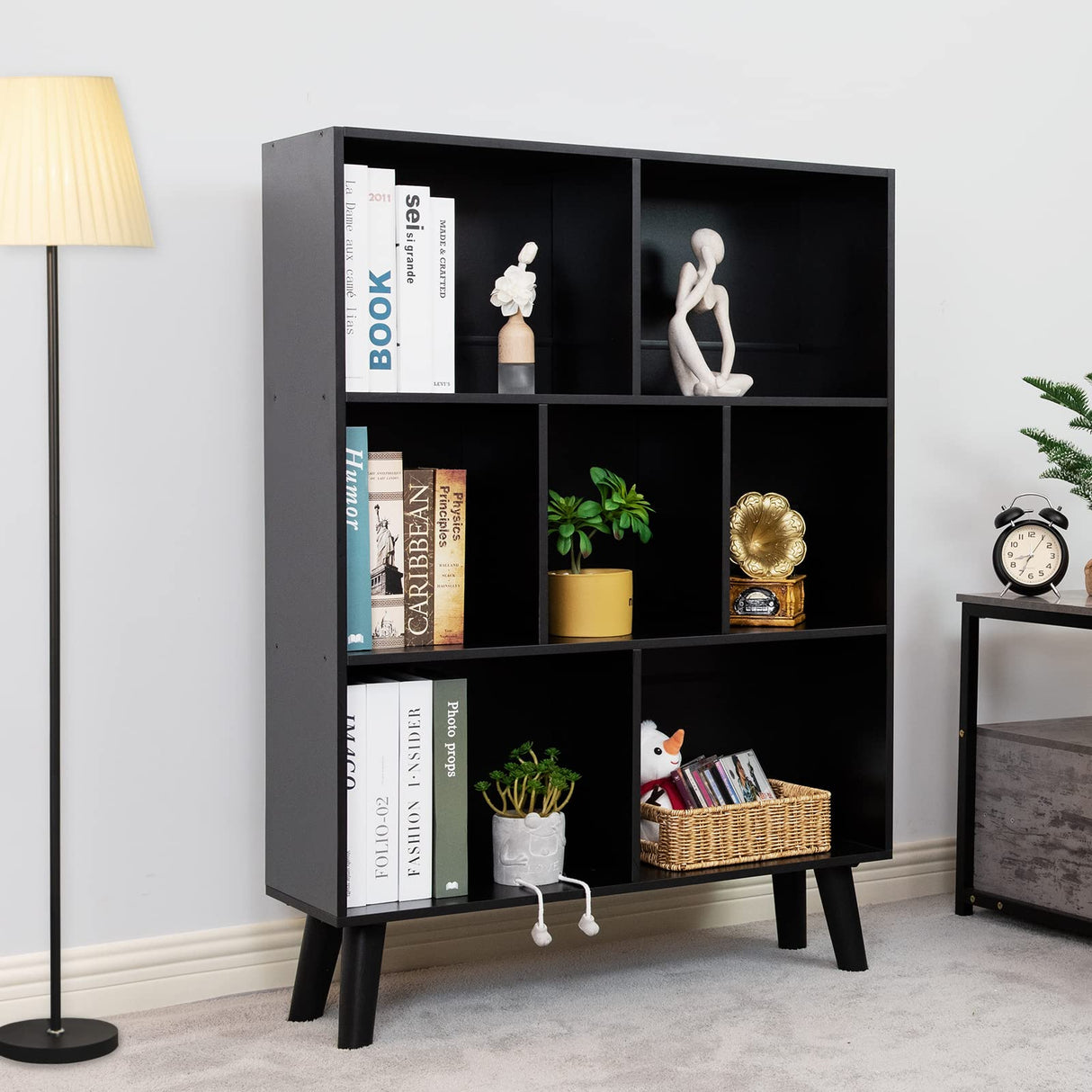 YAHARBO Elegant Black 3-Tier Modern Bookshelf with Legs – Stylish Wooden Cube Organizer YAHARBO