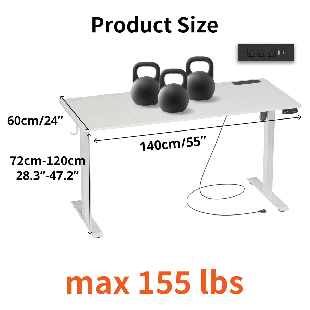 JOISCOPE 55 x 24 inch Adjustable Electric Standing Desk (3AC, USB, Type-C) with 2 Memory Heights, 25 mm/s Lift Speed, Gaming Study Drafting Sit Stand Desk for Home Office Bedroom, White JOISCOPE