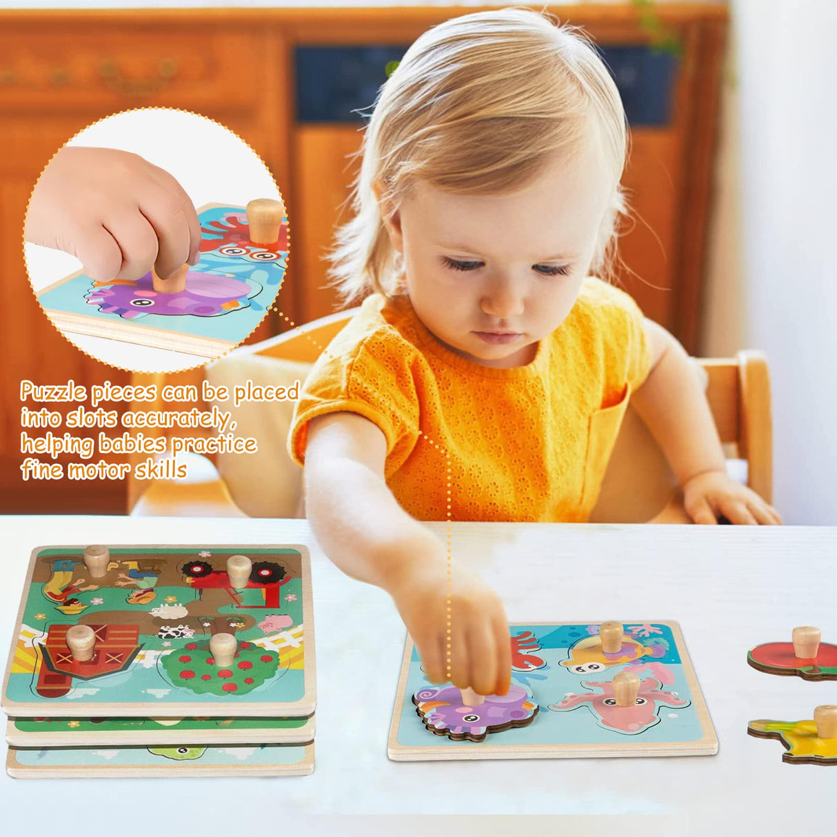 Wooden Toddler Puzzles, Funsland Peg Puzzles Gifts Toys, 4 Pcs Eco Friendly Animal Patterns Jigsaw with Handles, Infant Kid Fine Motor Skill Learning Educational Montessori Puzzles for 1 2 3 Years Old Funsland