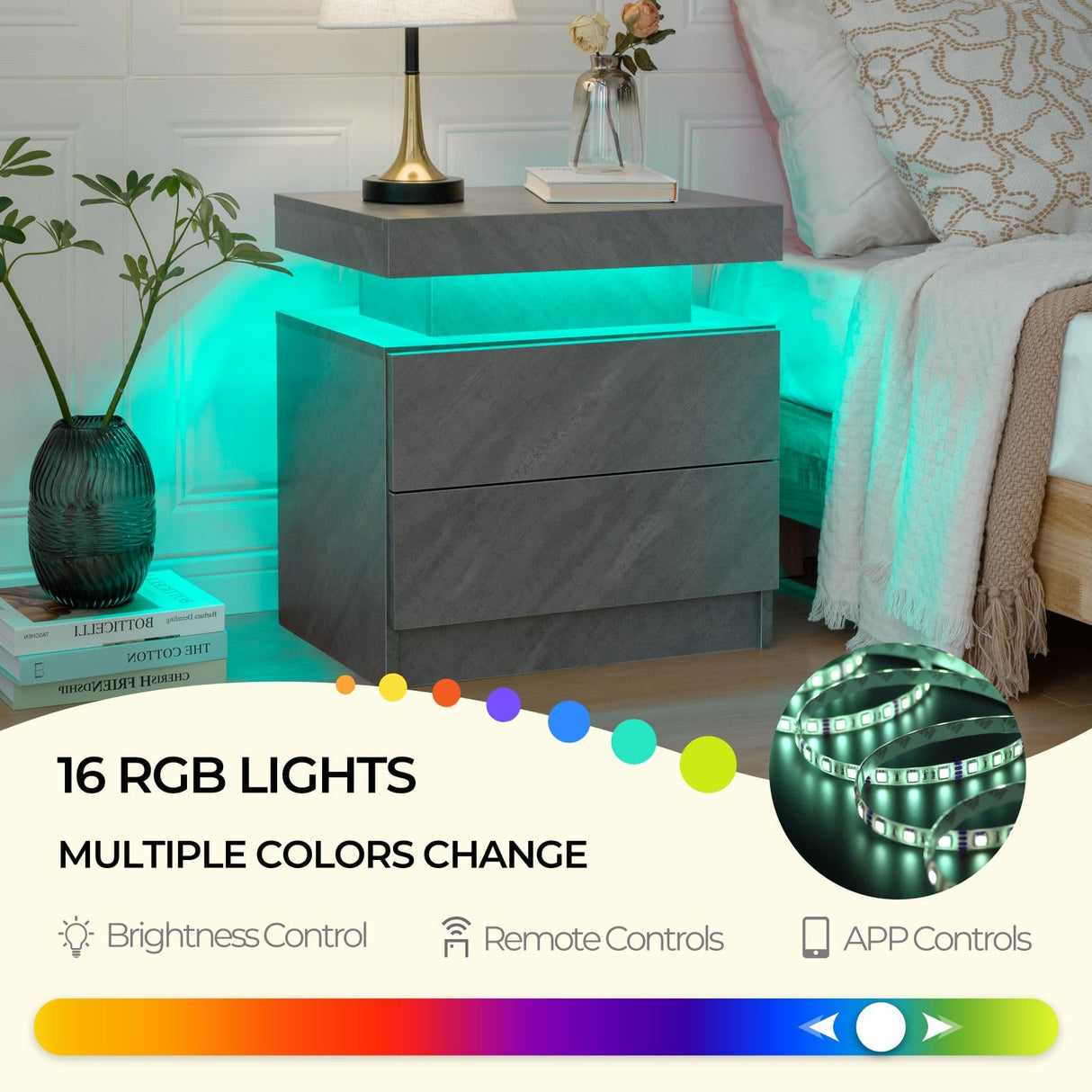 Bingoday LED Night Stand Set of 2 Bedside Tables with 2 Drawers Modern LED End Side Tables Bedroom Nightstands Bingoday