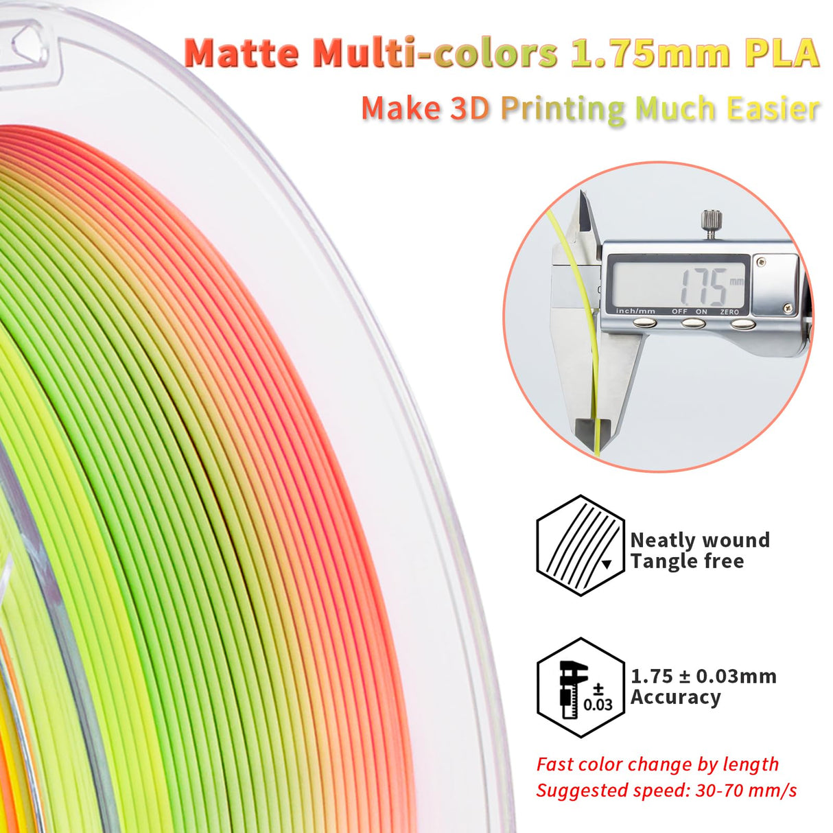 ZIRO 3D Printer Filament, Faster Color Change Filament 1.75mm, Color Gradient Material, No-Shine Rainbow PLA, Dimensional Accuracy +/- 0.03mm, Fit Most FDM Printer 1KG Spool, Tropical (Matte) ZIRO