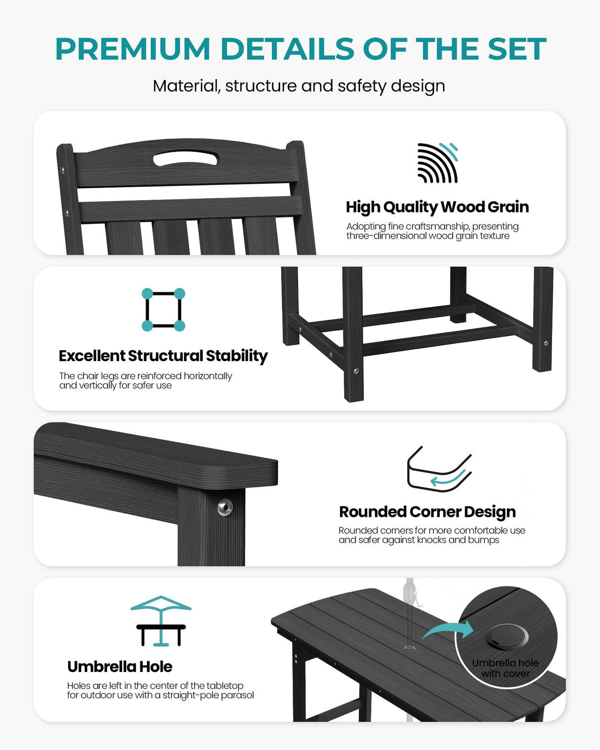 SUUNYN HDPE Outdoor Patio Dining Set with Table & 6 Chairs, All-Weather 7-Piece Outdoor Table and Chairs, 2" Umbrella Hole, Patio Furniture for Garden, Backyard, Deck | Matte Black SUUNYN