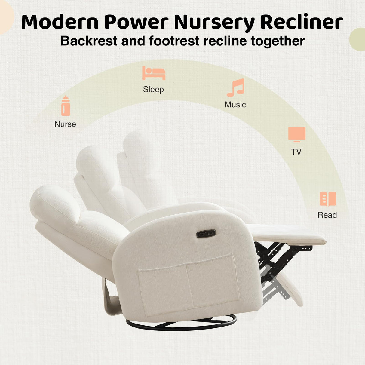 Power Nursery Glider Recliner, Chenille Electric Rocker Recliner with Type-C & USB Port, Nursery Swivel Rocker Recliners with Double Pockets for Adult, Cream White AEMEIOS