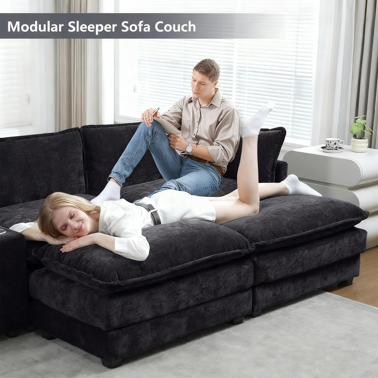 VEPXXP Oversized Modular Sectional Sofa, 159" Modern Large 6 Seater U Shaped Sectional Couch with Ottoman, Comfy Cloud Couches with Cup Holders & USB for Living Room, Spacious Space (Black) VEPXXP