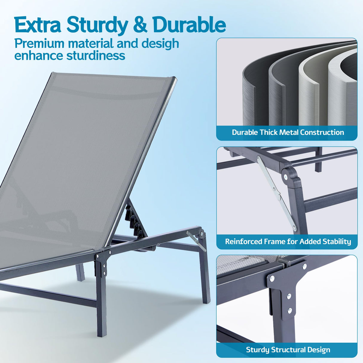 HOMELYM Outdoor Chaise Lounge Chair, Foldable & Assemble-Free, 6 Adjustable Positions, Durable Rust-Resistant Frame, Portable Outdoor Pool Lounge Chairs for Pool Patio Beach, Grey HOMELYM