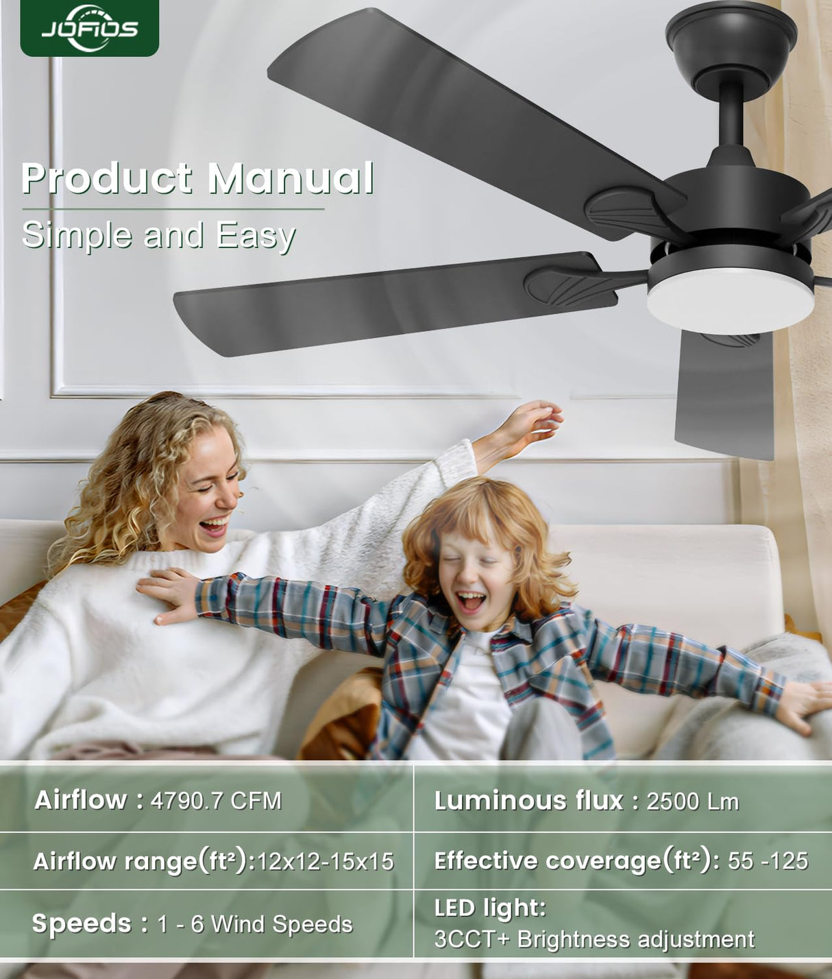 JOFIOS Ceiling Fans with Lights,52 inch Ceiling Fan with Light and Remote,Reversible,3CCT,6 speeds,Dimmable,Noiseless,Black Ceiling Fan for Bedroom, Kitchen,Living Room JOFIOS