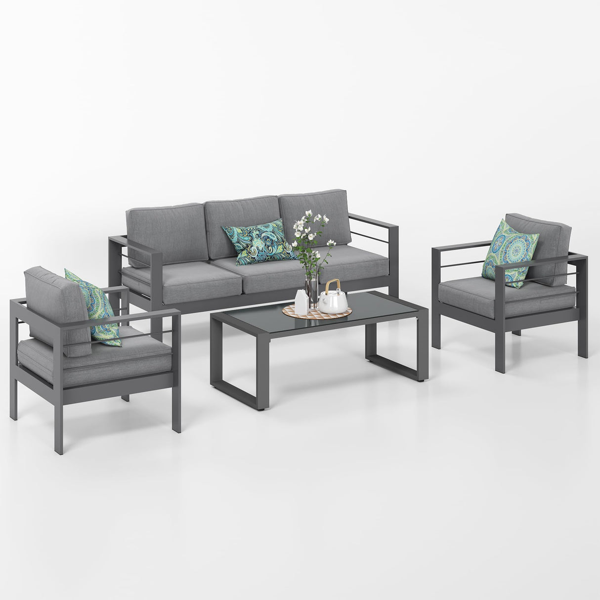 Solaste Aluminum Patio Furniture Set, 4 Pcs Modern Outdoor Conversation Set Couch Sofa with Upgrade Cushion and Glass top Coffee Table,Grey Solaste