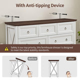 7 Drawer Dresser for Bedroom, 54" Farmhouse Dresser, Rustic Chest of Drawers, White Dresser with Barn Design, Brown Tabletop & Antique Bronze Handles, Wood Dresser for Closet, Bedroom Dressers Angel Sar