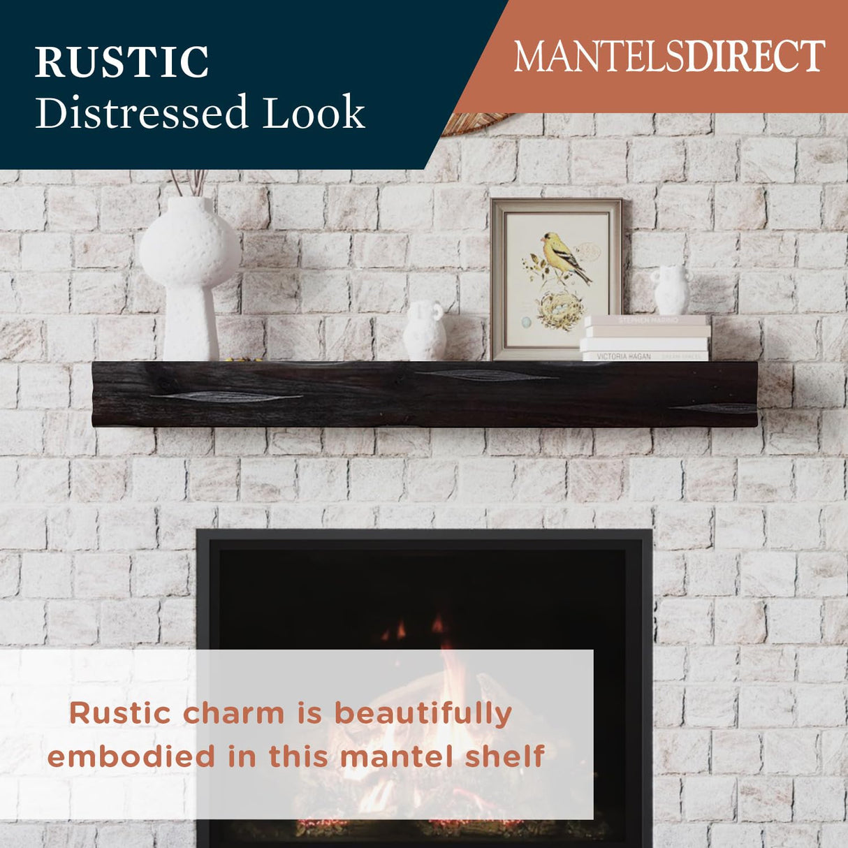 MANTELSDIRECT Breckenridge Distressed Wood Mantel Shelf - Espresso Rustic 72 Inch Beautiful Wooden Rustic Shelf - Includes Corbels Perfect for Electric Fireplaces and More! Mantels Direct MANTELSDIRECT