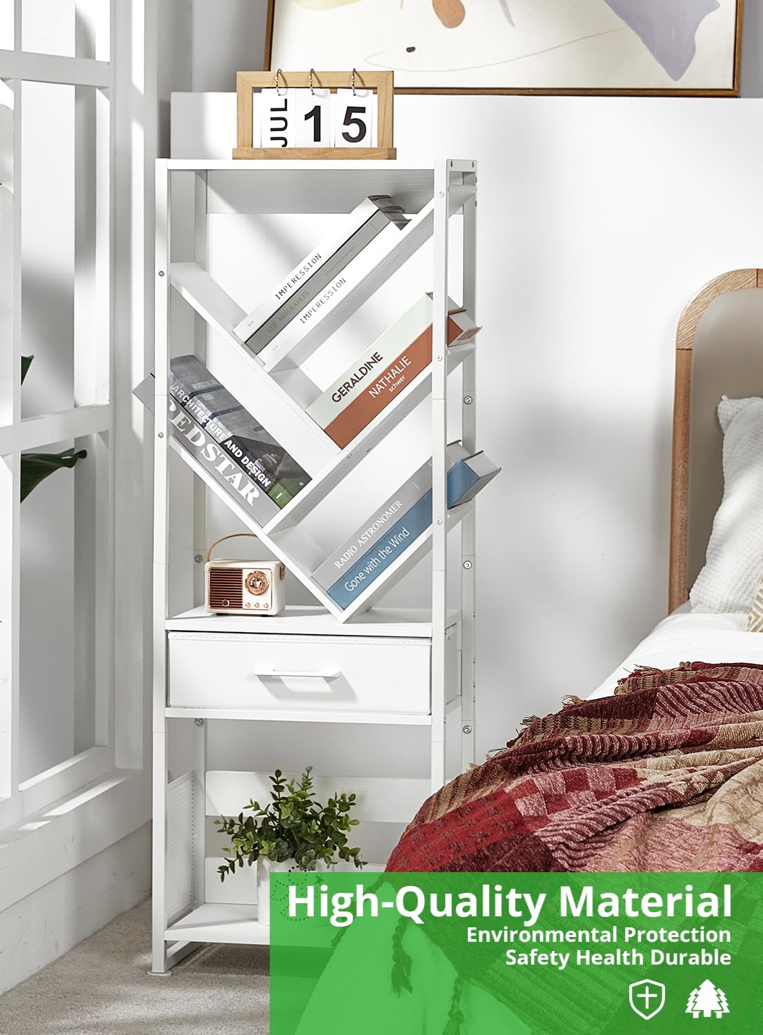 ZEXVIDA Bookshelf with Drawer,8 Tier Tree Bookcase Retro Floor Standing Bookshelves,Tall Wood Bookcases with Cabinet Storage Organizer for Living Room, Bedroom & Home Office, White ZEXVIDA