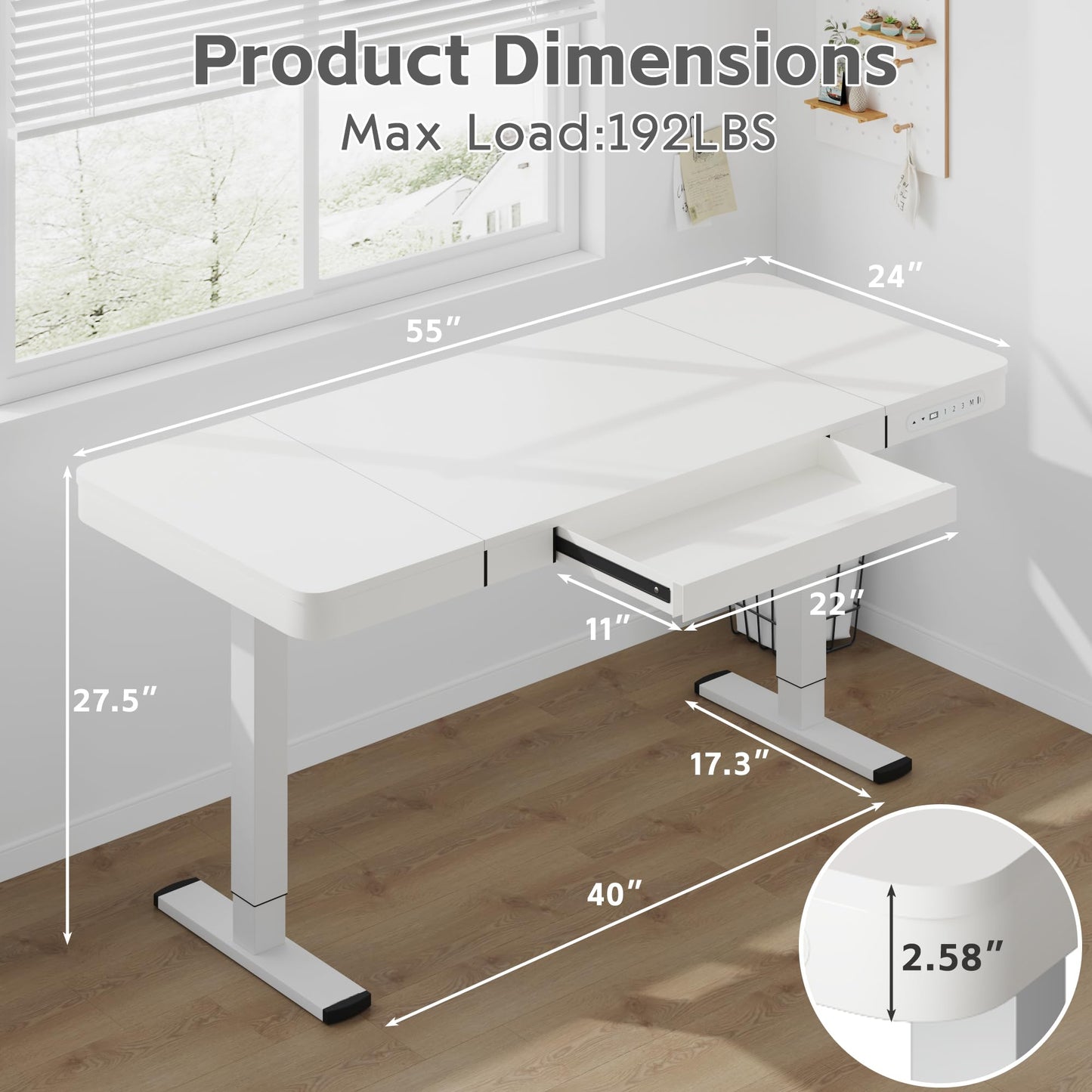 Shahoo Electric Standing Desk with Drawer, 55 x 24 inches with USB Charging Ports, Height Adjustable for Home & Office, White - WoodArtSupply