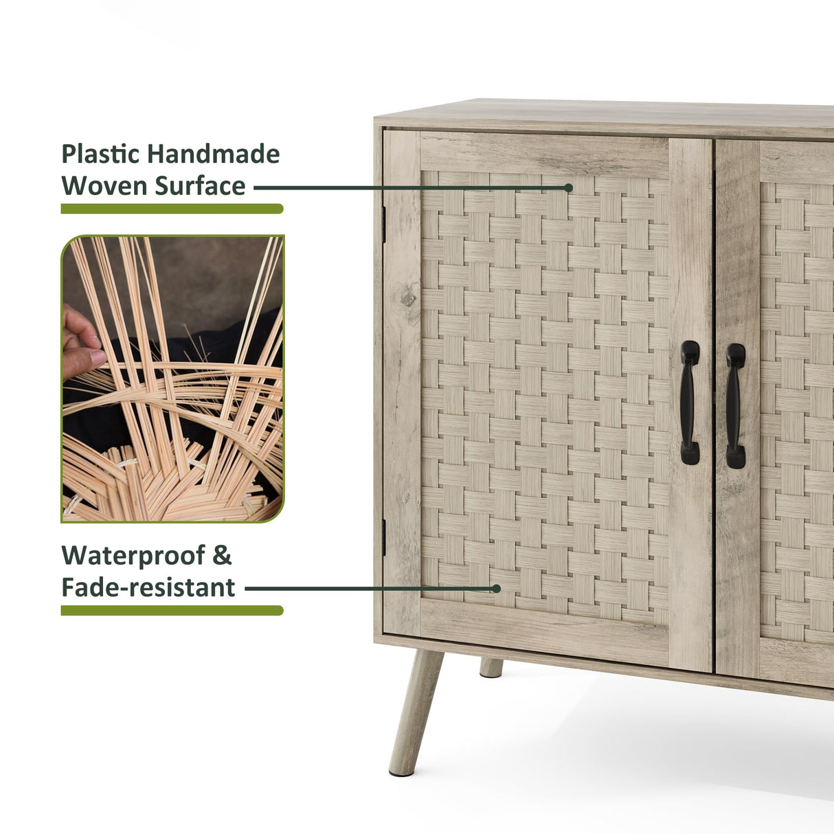 Smart FENDEE Farmhouse Sideboard Cabinet, Buffet Storage Cabinet with Handmade PVC Rattan Decor Doors & Adjustable Shelf, Wood Accent Table Coffee Station for Kitchen, Living Room, Entryway, Grey Oak Smart FENDEE