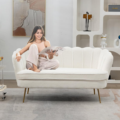 Modern Boucle Loveseat Couch,Futon Small Sofa with Gold Metal Legs ,2-Seater Upholstered Mini Sofa Couches for Small Space,Living Room Bedroom Office Dorm Studio Apartment Love Seat Couche(White) Gustonhon
