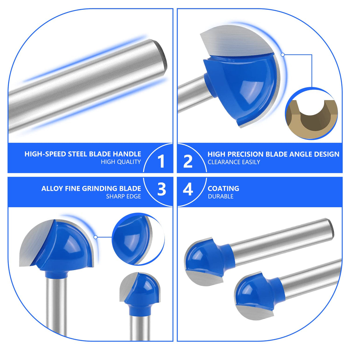 Cove Box Router Bit Set ,Newdeli 8Pcs 1/4 Inch Shank Round Nose Router Bit-1/4" 5/16" 3/8" 1/2" 5/8" 3/4" 7/8" 1" Cutting Diameter, Solid Carbide Double Flute Cove Box Round Nose Woodworking Tool Newdeli
