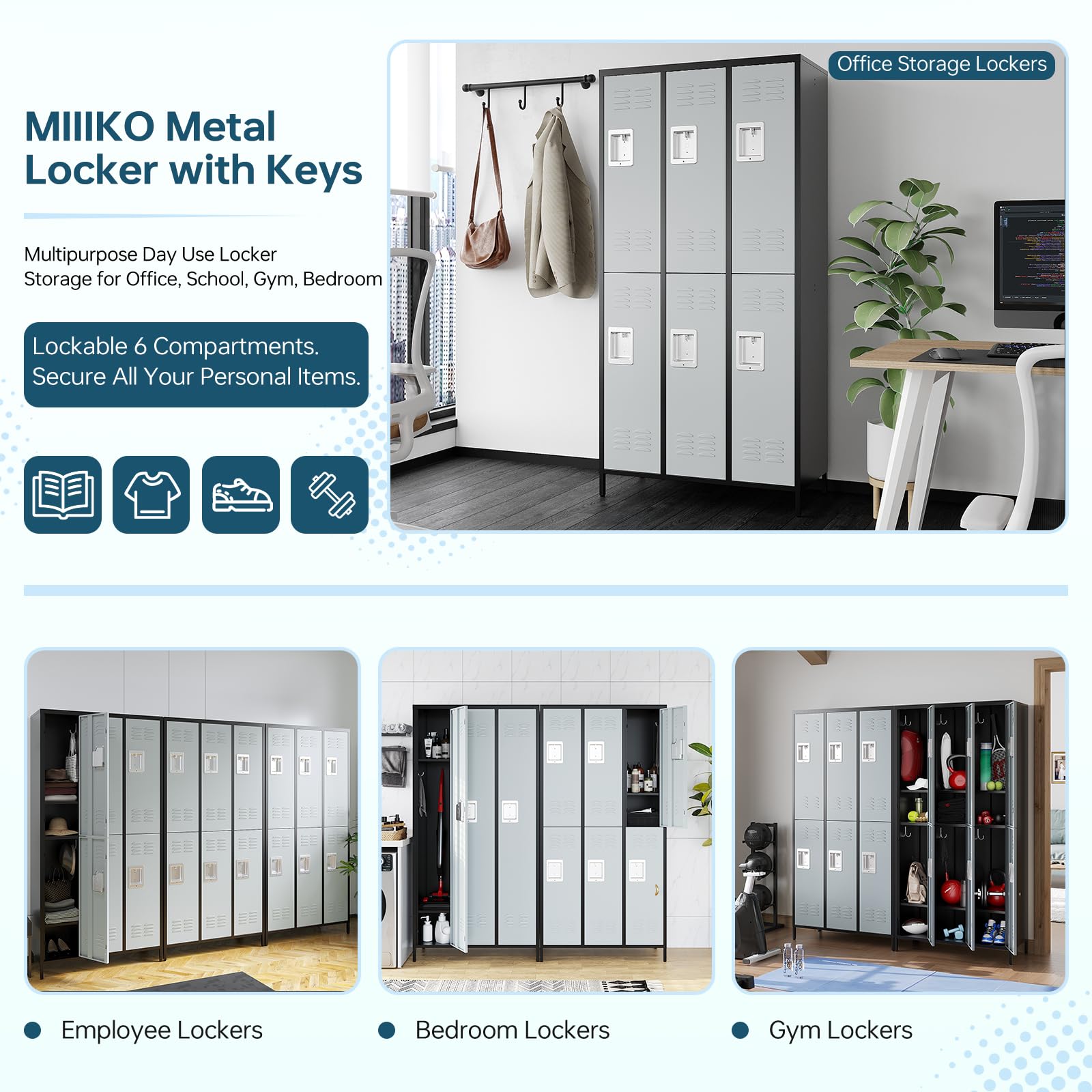 MIIIKO 2 Tier Metal Lockers 3-Wide, 72" x 36" x 16" Storage Locker Units with 6 Compartments, Large Employee Locker with Shelves, Lockable Doors and - WoodArtSupply