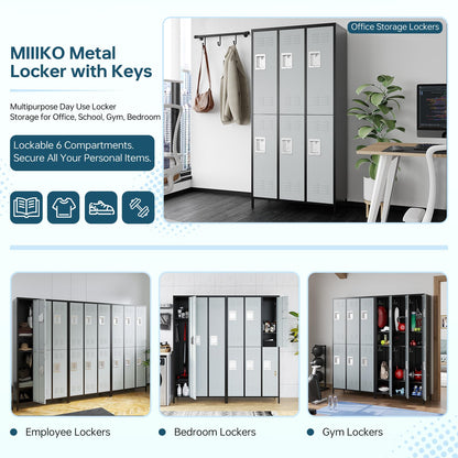 MIIIKO 2 Tier Metal Lockers 3-Wide, 72" x 36" x 16" Storage Locker Units with 6 Compartments, Large Employee Locker with Shelves, Lockable Doors and - WoodArtSupply