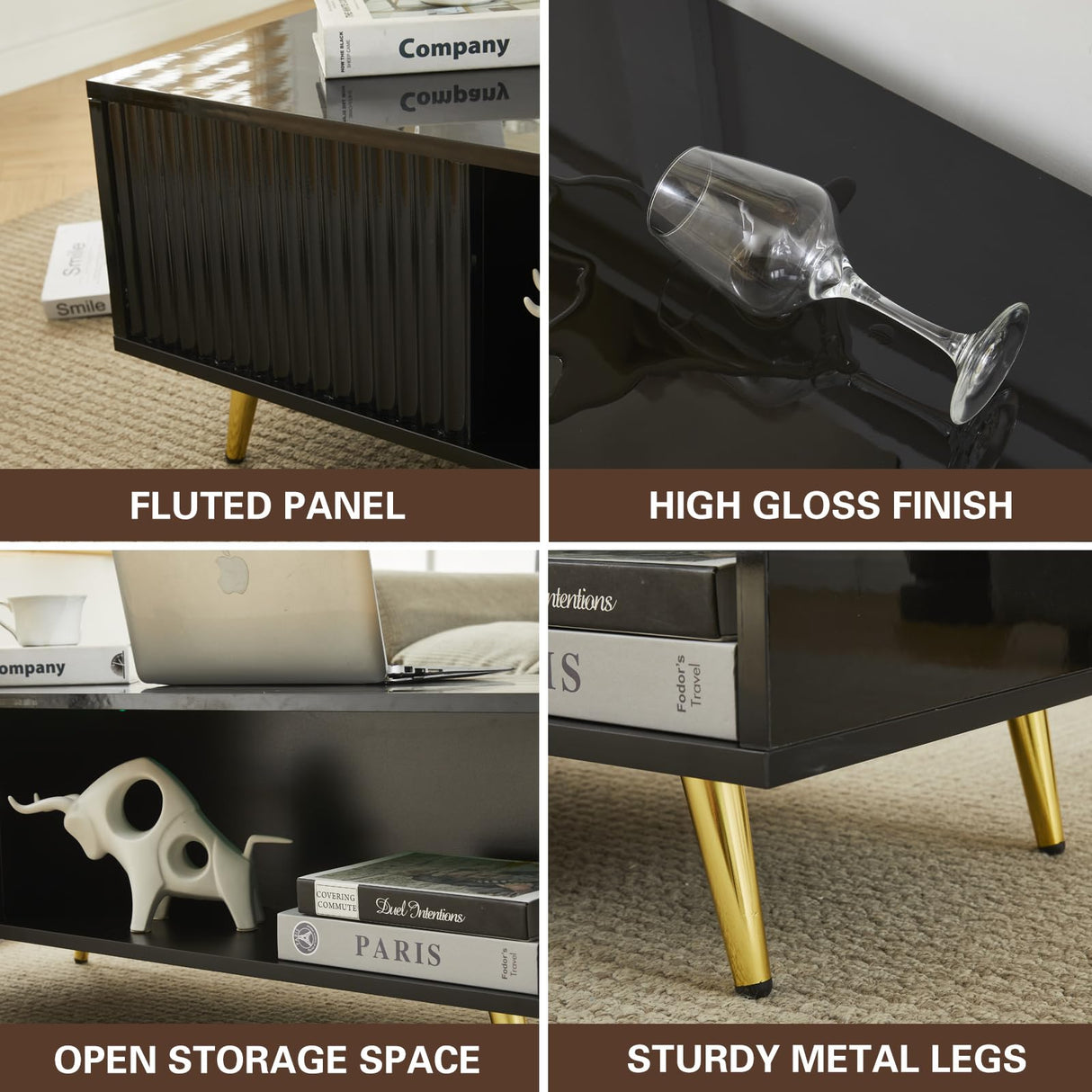 COSVALVE 41.3IN LED Black Coffee Tables for Living Room with 16 Colors LED Lights, Modern Minimalist Coffee Table with Fluted Panel, Rectangle Center Table Game Table COSVALVE