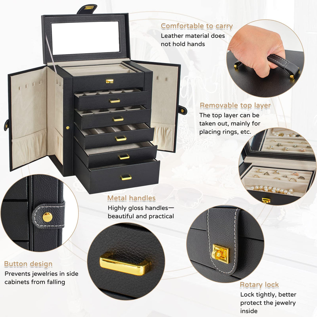 AKOZLIN Huge Jewelry Box Organizer Functional Lockable, Large Leather Jewelry Storage Case for Women Girls Ring Necklace Earring Bracelet Holder Organizer with Mirror AKOZLIN