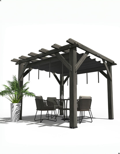 DEXSO 10'X 10' Cedar Wood Pergola with Solid Structure, Retractable Shade Canopy, Durable, Rot Resistant, Patio Pergola for Backyard, Deck, Garden, Outdoor Entertaining