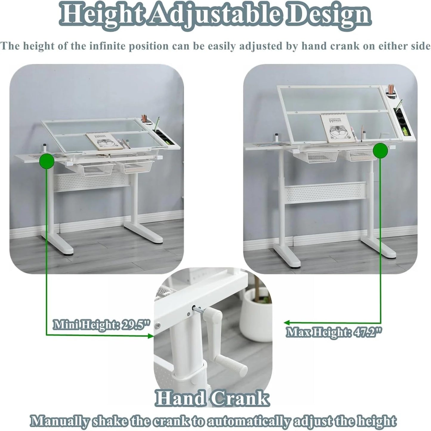 ZephyPaws Glass Drafting Table and Stool Set, Upgraded Hand Crank Adjustable Height Drawing Table Artist Desk with 2 Storage Drawers for Home Office (White)