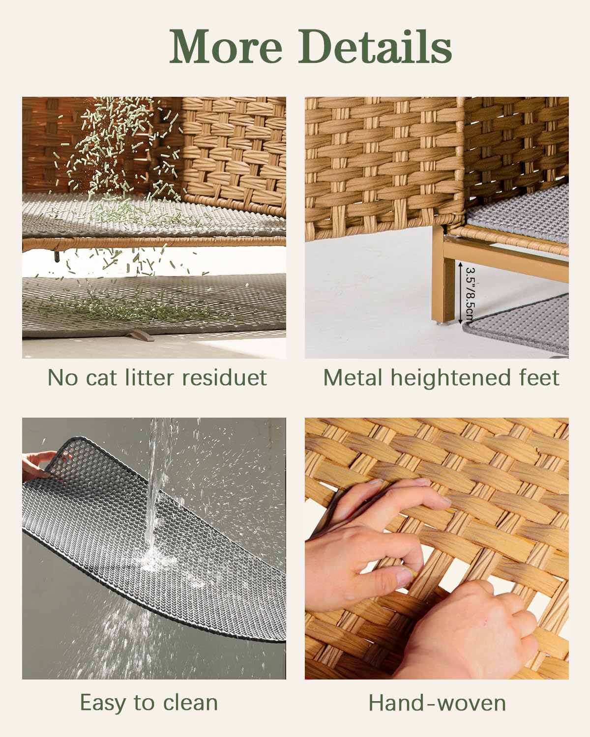 SETVSON Cat Litter Box Enclosure Hidden Litter Box Furniture with Metal Heightened Feet, Rattan Handwoven Cat House with Litter Mat, Hidden Litter Box Furniture for Bedroom Living Room Natural SETVSON