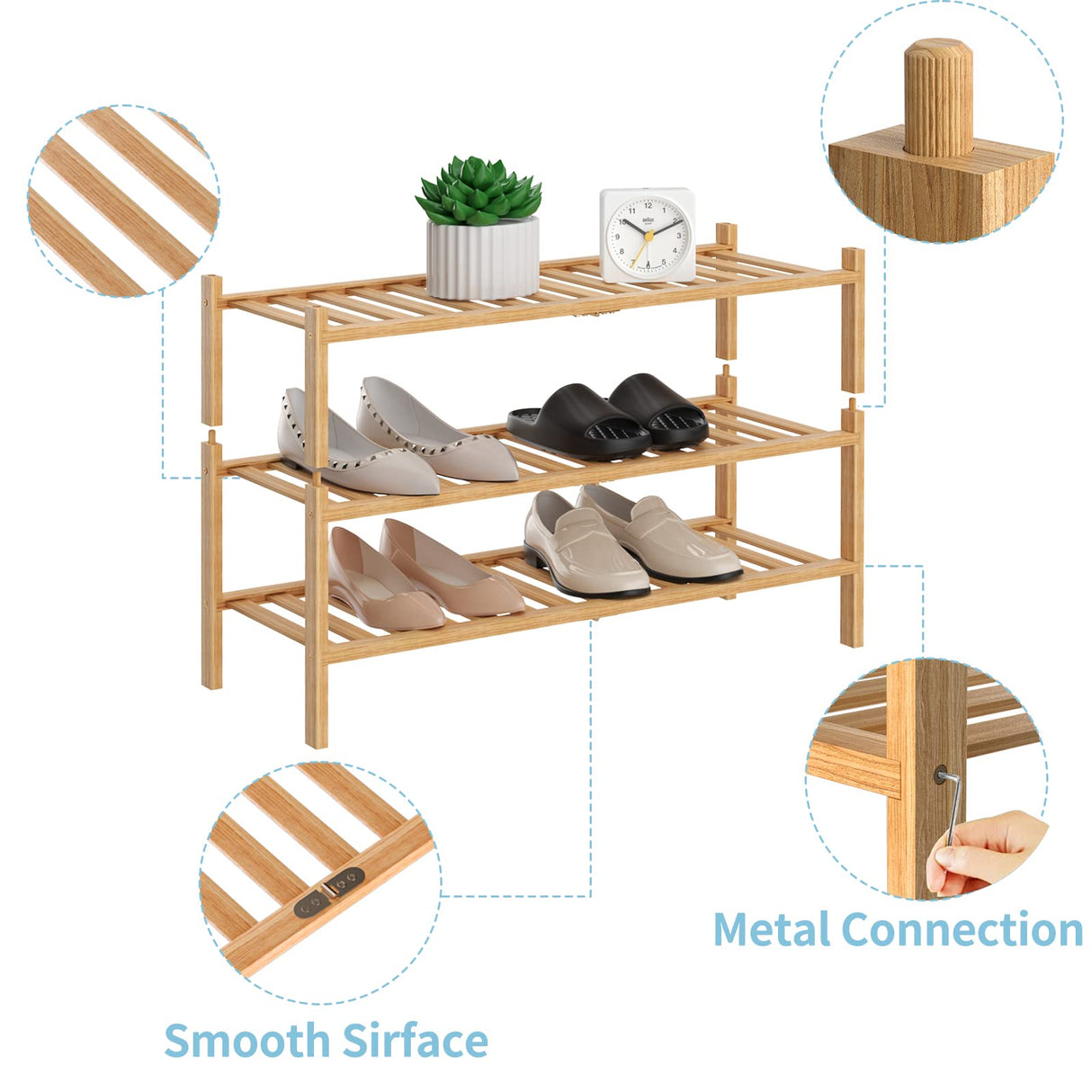 RONGJIA 3 Tier Bamboo Shoe Rack for Closet Free Standing Wood Shoe Shelf Storage Organizer for Entryway Small Space Stackable, Natural RONGJIA