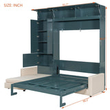 Merax Queen Murphy Bed with Sofa and Storage Shelves, Space Saving Wall Bed Unit with Cabinet, L-Shaped Couch for Studio Apartment, Beige Sofa Merax