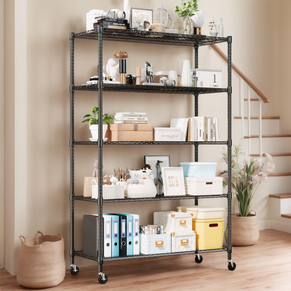Himimi Storage Shelves 60"W Wire Shelving with Wheels 3250LBS Heavy Duty Metal Shelves for Storage, 5-Tier Adjustable Wire Rack Shelving Garage Shelving Kitchen Storage Shelves 24"Dx60"Wx82"H, Black Himimi